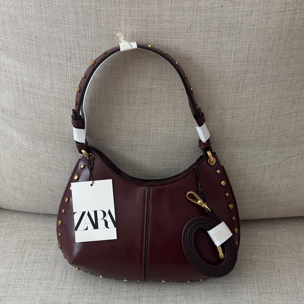 ZARA Elegant Burgundy Leather Shoulder Bag with crossbody strap